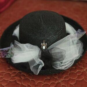 Embellished Black Straw Hat, Flipped Brim